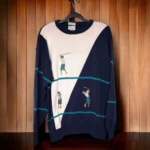 Vintage IZOD Club Hand Intarsia XL Embroidered Preppy Golf Sweater Color Block